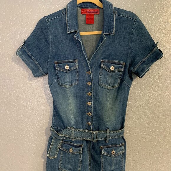 HOT KISS Y2K Belted Collared Short Sleeve Denim Mini Dress Womens Large Blue - Picture 1 of 10